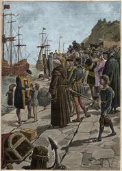 Vertrek van Christoffel Columbus en zijn metgezellen uit de haven van Palos in Spanje 3 augustus
