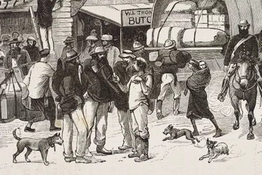 Engeland (19e eeuw). Kolonisatie (1880). Het leven van de goudzoekers in Australië. Engelse kolonie Botany Bay (gesticht in 1788) en aanvankelijk voornamelijk bevolkt door criminelen die goudzoekers en handelaren werden. Gravure. Privécollectie