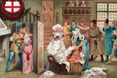 Falstaff verborgen in linnenmand, Act II Scène 2 uit de opera Falstaff uit de opera van Giuseppe Verdi