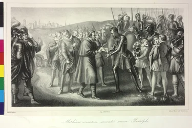 Franz van Dietrichstein overhandigt koning Matthias I een brief van keizer Rudolf II