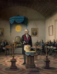 George Washington, Amerikaans generaal en staatsman, in Maconnische kleding (Eerwaarde van loge "Alexandria 39", die in 1805 bekend stond als "Washington-Alexandria".