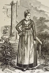 Duitsland (19e eeuw). Maatschappij (1879). Elzas. Vrouwen in de regio. Op dit moment werd Elzas gehouden door de Duitse Rijksdag (1871-1918). Gravure. Privécollectie