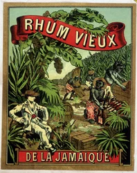 Etiket voor Jamaicaanse rum. Zwarte arbeiders die suikerriet snijden worden gadegeslagen door een witte man.