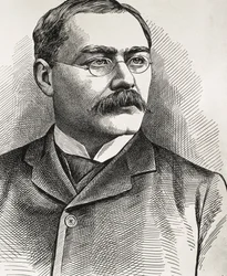 KIPLING, Rudyard (1865-1936). Britse schrijver, geboren in India. Nobelprijs voor Literatuur 1907. Portret van Kipling. Gravure.