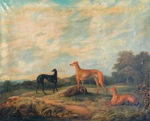 Landschap, vier windhonden op de voorgrond (olieverf op doek)