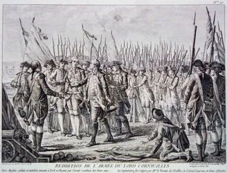 Lord Corwallis overgave van het Britse leger bij Yorktown (gravure)