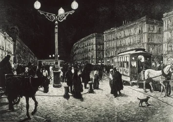 Madrid (1878). De Puerta del Sol verlicht met elektrisch licht. Afbeelding naar een tekening van Pellicer voor "La Ilustracion Espanola y Americana". Ets.