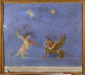 Mythologie: een sirene en een griffioen, fabelwezens (fresco)