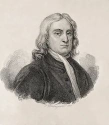 Newton, Sir Isaac (1642-1727). Engels wiskundige, natuurkundige en astronoom.; GUADAGNINI, Gaetano (1800-1860). Italiaanse graveur. Portret van Isaac Newton, werk van Gaetano Guadagnini. Gravure. ITALIË. LOMBARDIJE. Milaan. Civica Raccolta delle Stampe