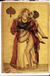 Oude speelkaarten: erotische scène. Musée de la Carte à Plouer, Issy-les-Moulineaux.