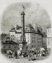 Parijs. Waterverkopers voor de fontein van Place Châtelet (gravure)