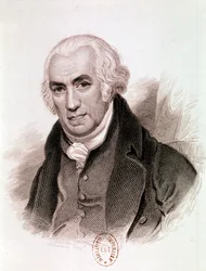 Portret van James Watt, Schotse uitvinder, werktuigbouwkundig ingenieur en scheikundige (ets)