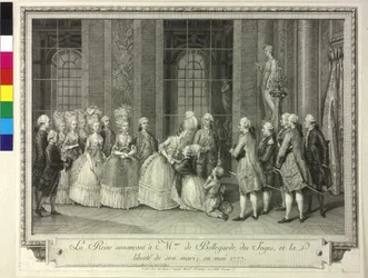 Koningin Marie Antoinette kondigt Madame de Bellegarde 1777 de vrijlating van haar echtgenoot aan