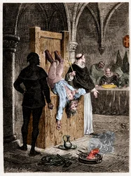 Scène van de inquisitie met marteling .