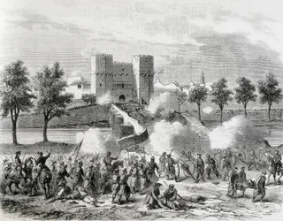 Spanje (1868). Glorieuze Revolutie. Aanval van de regeringstroepen bij de Serrans-poort in Valencia. Gravure uit 