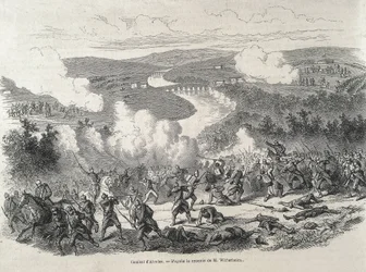 Spanje. Revolutie van 1868. Slag bij Alcolea (20 september), die culmineerde in de afzetting van Isabel II. Gravure