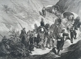 Spanje. Derde Carlistenoorlog. Carlistische gevangenen die door de bergen in Emporda (Catalonië) lopen. Gravure.
