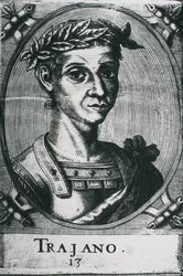 TRAJANUS, Marcus Ulpius Traianus (53-117). Portret van Trajanus met lauweren. Detail van de originele gravure