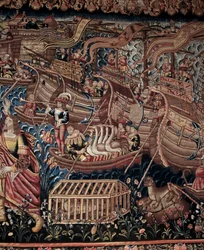 De Portugese navigator Vasco de Gama (1459-1524) kwam in 1498 aan in Calicut in India, detail, wandtapijt