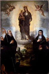 De Maagd heeft het Kind met Sint Benedictus van Nursie en haar zus Sainte Scolastique (Scholasticus), stichter van de Orde van Benedictijnen Anonieme schilderkunst. Abdij van Monte Cassino, Italië