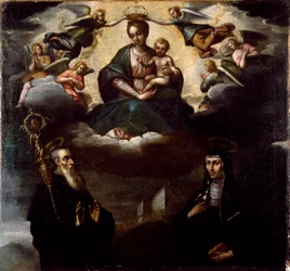 De Maagd heeft het Kind met Sint Benedictus van Nursie en haar zus Sainte Scolastique (Scholasticus), stichter van de Orde van Benedictijnen Anonieme schilderkunst. Abdij van Monte Cassino, Italië