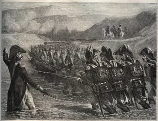 De oorlog van de Eerste Coalitie - Passage van de Tagliamento - Napoleon Bonaparte aan het hoofd van de Franse troepen langs de rivier de Tagliamento
