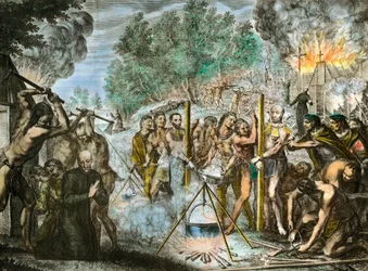 De martelaar van de priesters onder de Indianen van Amerika in februari 1646