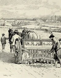 VERENIGD KONINKRIJK. ENGELAND. Industriële Revolutie. Boormachine uitgevonden door Jethro Tull. Gerst zaaien in februari. Tekening door Gunning King gepubliceerd in 