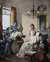Wolfgang Amadeus Mozart (1756-1791) ligt op sterven en dirigeert een groep muzikanten voor het Requiem dat hij net heeft voltooid (Mozart (1756-1791) in zijn laatste dagen dirigeert een groep muzikanten voor het Requiem)