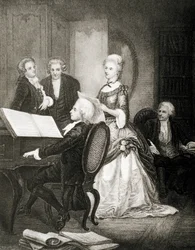 Wolfgang Amadeus Mozart begeleidt sopraan Caterina Cavalieri op piano.