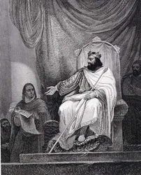 Karel de Grote (742-814) geeft het Capitulair van Herstal uit in 779, gegraveerd door Leclerc