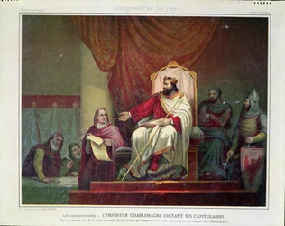 Karel de Grote (742-814) vaardigt het capitularium van Herstal uit in 779, gegraveerd door Eugène Ronjat, ca. 1860-80