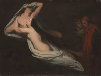 Dante en Vergilius ontmoeten de schimmen van Francesca da Rimini en Paolo, 1851