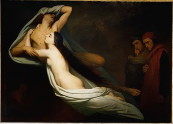 De schaduwen van Francesca da Rimini en Paolo Malatesta verschijnen aan Dante en Vergilius