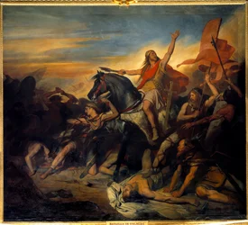 De Slag bij Tolbiac, de overwinning van Clovis (466-511) op de Alemannen (496). Schilderij van Ary Scheffer (1795-1858)