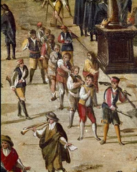 Plein van het gerechtshof van de Vicaria in Napels ten tijde van de revolutie van Masaniello. Misdadigers worden voor de ingang berecht - Detail met een groep veroordeelden die aan de hals zijn geketend - Ascanio Luciani (ca. 1621-1706). Napels, Museo