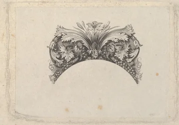 Gebogen frame-element voor bankbiljet, met acanthus- en wijnbladeren, lelie en druiven