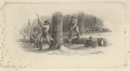 Bankbiljet vignette met houthakkers die bomen omhakken in een besneeuwd bos, ca. 1824-37