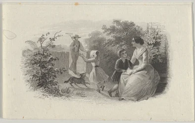 Bankbiljet vignette met een familie in een tuin