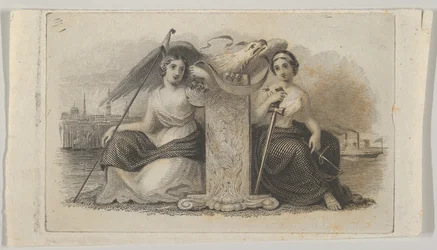 Bankbiljet vignet met vrouwelijke figuren die Vrijheid en Gerechtigheid vertegenwoordigen, ca. 1824-37