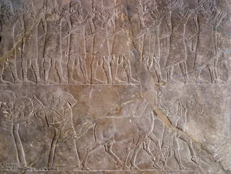 Oosterse oudheid: detail van een bas-reliëf in kalksteen: de muzikanten van het harnas van Assurbanipal of Ashurbanipal, koning van Assyrië (Mesopotamië) (669 v.Chr.-627 v.Chr.). 640 v.Chr. Uit Nineveh. Parijs, Louvre Museum