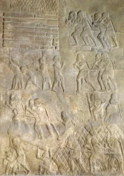 Reliëf dat dragers toont die hout naar de kust brengen voor transport over zee, uit het paleis van Sargon II, Khorsabad, Irak