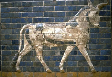 De Ishtarpoort, Babylon. Reliëf van stier