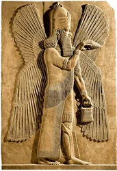 Gevleugelde genius. Detail van een reliëf uit het paleis van de Assyrische koning Sargon II, 722-705 v.Chr.