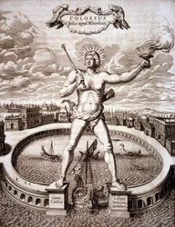 De Kolossus van Rhodos (standbeeld van Helios) bij de ingang van de haven - in „Turris Babel” van Athanasius Kircher (1601-1680), Duits oriëntalist en geleerde