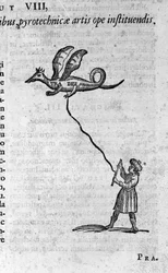 De Griekse filosoof Archytas van Tarente (435-347 v.Chr.), pythagoreïsch filosoof, wiskundige en astronoom, en zijn houten duif die kon vliegen. Gravure uit 