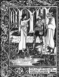 Arthuriaanse Legende: De Dame van het Meer (Vivian fee) leert Arthur over het bestaan van het Excalibur zwaard. Gravure in Le Morte d