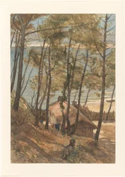 Gezicht vanaf een heuvel op een huisje aan de golf van Arcachon