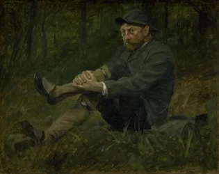 De architect Thorvald Bindesbøll in een dennenbos op Kullen