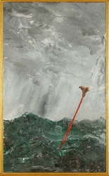 Stormachtige zee. Rode stok (olieverf op papier)